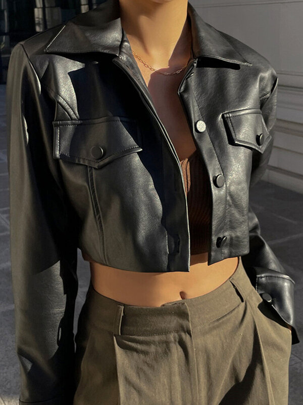 Женская куртка из искусственной кожи, однотонная модная уличная стильная куртка с длинным рукавом и пуговицами, весенне-осенняя уличная одежда, укороченный черный топ с лацканами