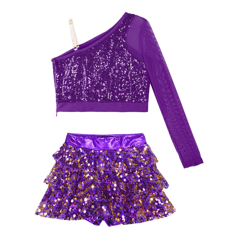 Kids Girls Ballet Hip Hop Jazz Dance Performance Costume Sparkly Sequins Dance Crop Top with Tiered Ruffle Skirt Shorts Culottes