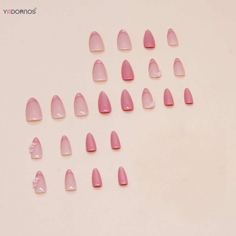 Różowe sztuczne paznokcie francuski styl migdałowe na paznokciach z kwiatkiem zaprojektowane słodkie błyszczące sztuczne do paznokci tipsów dla kobiet i dziewcząt 24 szt