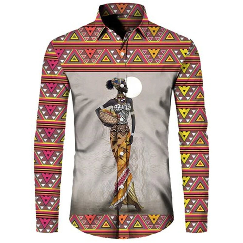 에스닉 스타일 아프리카 소녀 하라주쿠 3D 프린트 긴 소매 버튼 셔츠, 2024 신상 패션 스트리트웨어 y2k 상의, 여성 의류 블라우스