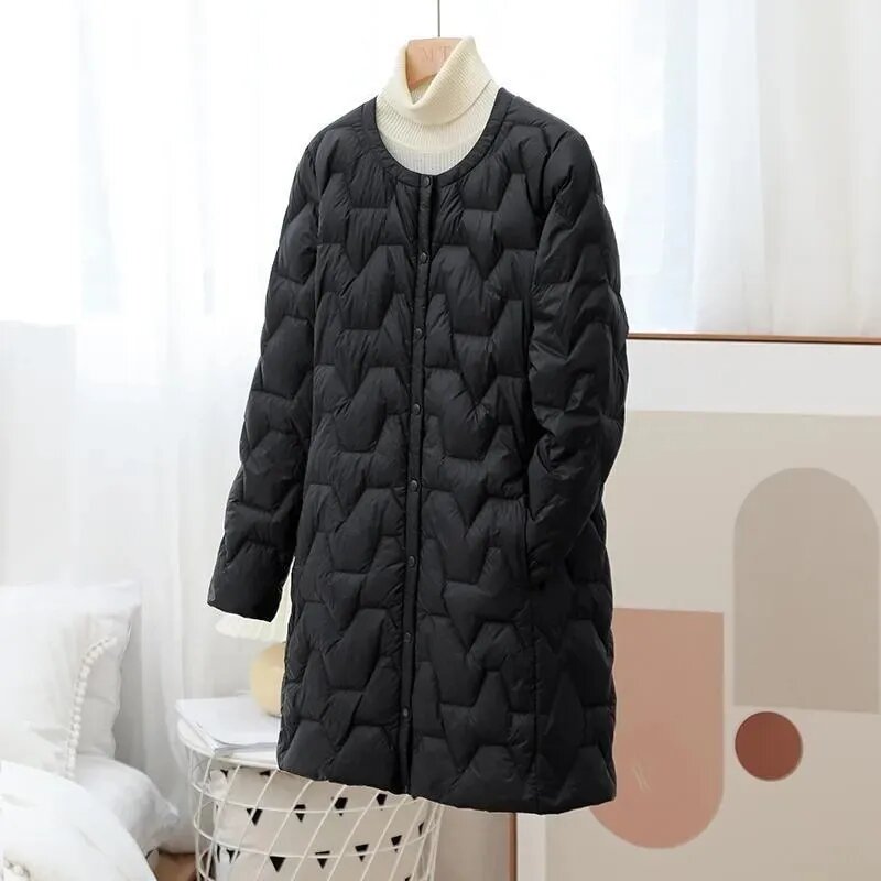 2023 New Mid-Length Puffer Coats Women's Round Neck Fashion Down Cotton Outwear Female Lightweight Warm Lnner Padded Parkas