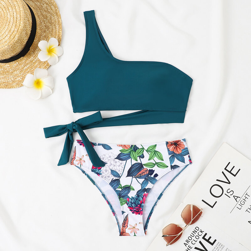 Seksowne Bikini na jedno ramię 2024 kobiet brazylijskie Bikini zestaw wysoki stan strój kąpielowy nowe stroje kąpielowe damskie plażowe kostium kąpielowy kwiatowy