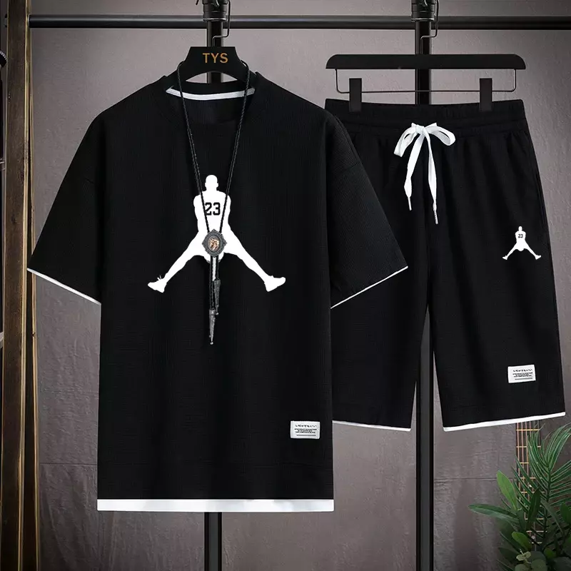 Camiseta informal de manga corta y pantalones cortos deportivos para hombre, conjunto de 2 piezas de secado rápido, transpirable, marca de moda, Verano