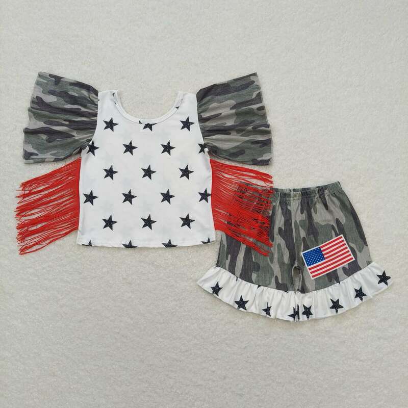 Wholesale July 4th Kids Summer Sleeveless Pocket Stripes Stars Tunic Toddler Sets Children Ruffle Shorts Baby Girls Outfit