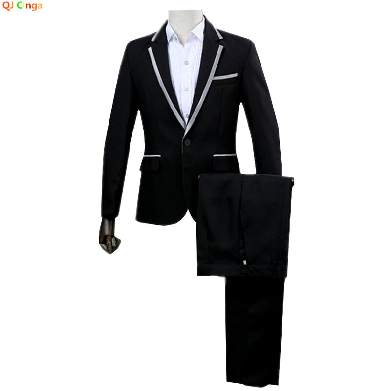 White Black Trimmed Suit Jacket With Pants Men's Dress Two Piece Wedding Party Dress Jacket With Trousers S M L XL XXL XXXL