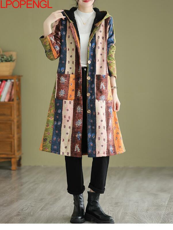 Moda autunno e inverno nuovo stile etnico addensato giacca di cotone con cappuccio di media lunghezza donna monopetto cappotto a vita larga