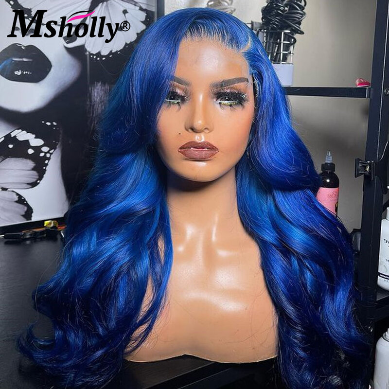 Pelucas de cabello humano ondulado azul marino, sin pegamento, color azul oscuro, 13x6 HD, encaje frontal transparente, prearrancado
