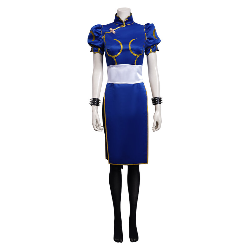 Chun Li Cosplay weibliches Kostüm Kleid Cheong sam Spiel SF Rollenspiel blaue Röcke komplette Set Outfits Halloween Party Verkleidung Anzug