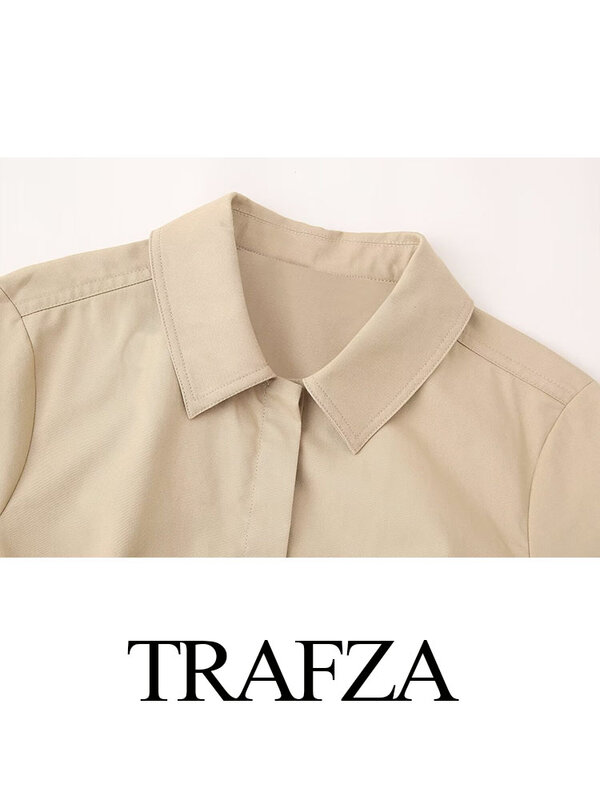 TRAFZA-Conjunto de 2 piezas para mujer, corta Camisa de manga larga con solapa, empalme de un solo pecho, falda larga con abertura y dobladillo de cintura alta elegante