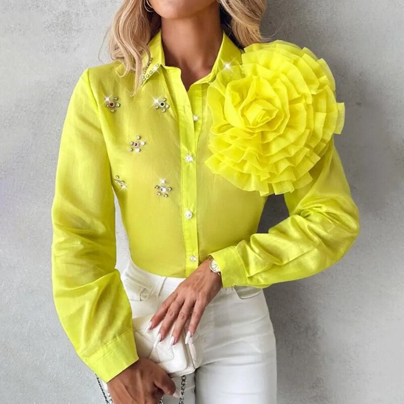 Top de Color liso para mujer, camisa de botonadura única, Top elegante con solapa adornada con flores, Top elegante con botonadura única