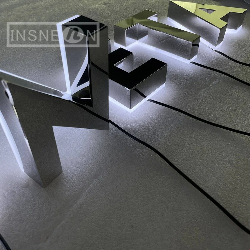 Benutzer definierte Metall leuchtende Charakter Spiegel hinter leuchtete Kanal Buchstaben wasserdichte Außen werbetafel Firma LED-Zeichen