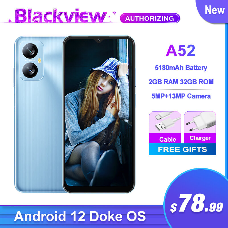 World Premiere Blackview A52 Smartphone 2GB 32GB 6.5'' Android 12 Cellphone Octa Core Mobile Phone 4G 5180mAh 13MP Rear Cameras