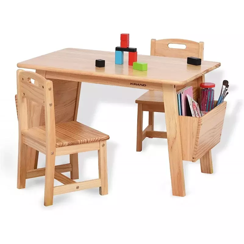 Set meja kayu Solid anak-anak dan 2 kursi, dengan meja penyimpanan dan Set kursi untuk anak-anak meja aktivitas balita (kayu Solid/alami)