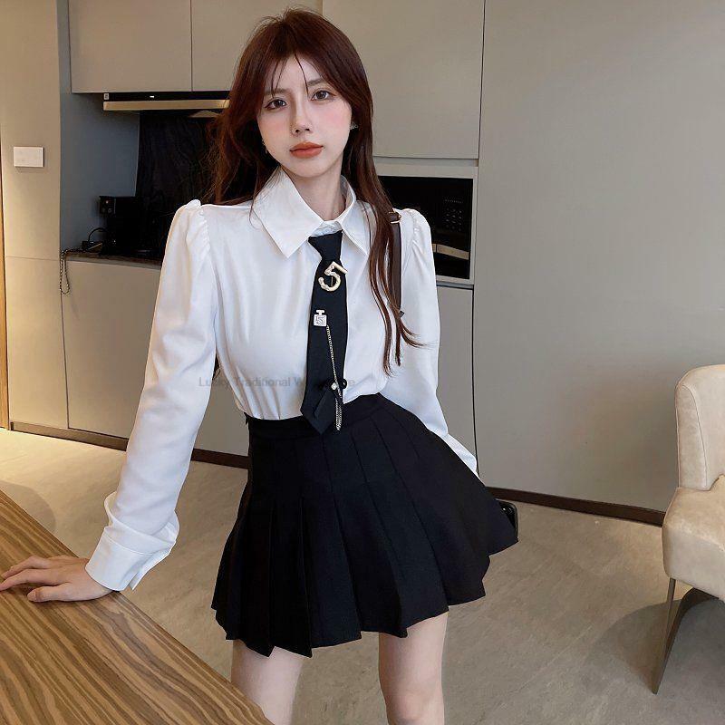 Estilo coreano Estilo Colégio Camisa de Lapela Personalidade Gravata Cintura Alta Slim Saia Plissada Terno Menina Sexy Moda Casual Conjunto Diário