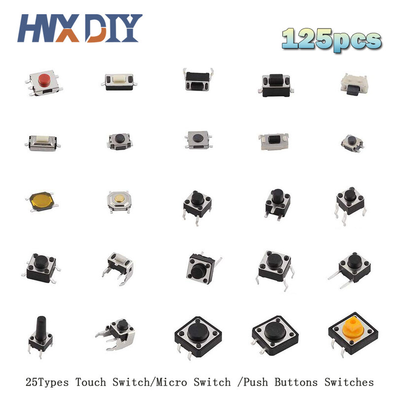 125 stücke 25 Arten Touch Schalter/Micro Schalter/Push Tasten Schalter 2*4/3*6/4*4/6*6 Mini Blatt Schalter SMD DIP DIY Elektronische Kit