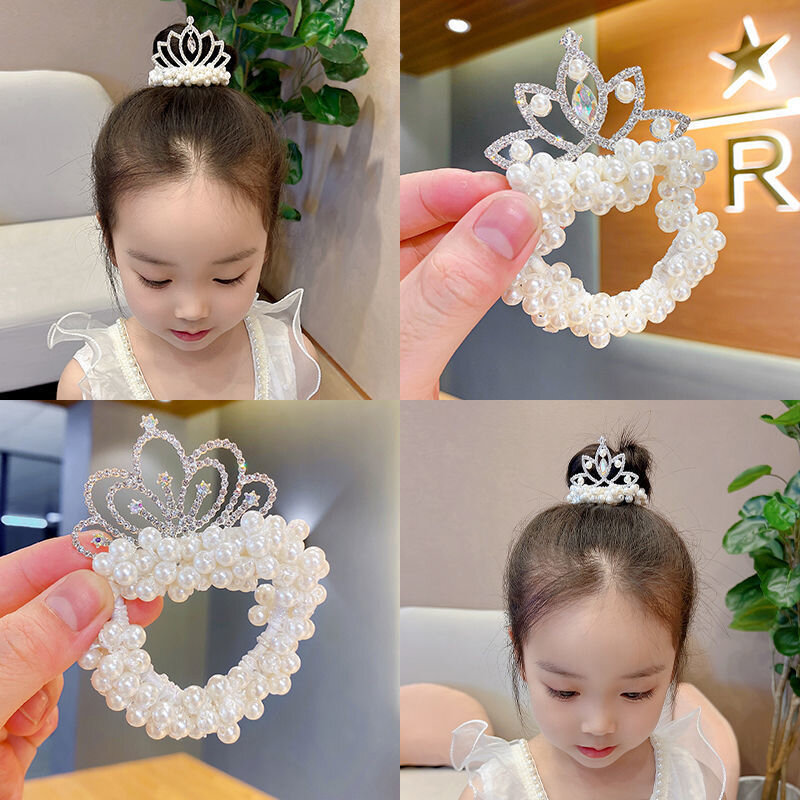 Fashion Pearl Crown Princess Hair Bands Elastic Rubber Bands Children Ball Hair Bun Ties Hair Styling Accessories