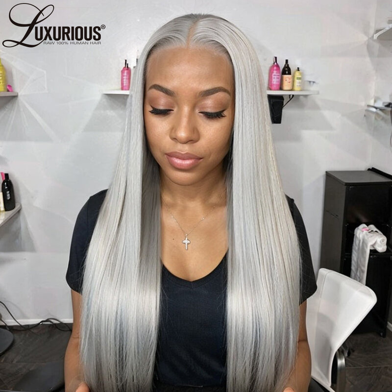 Rechte 13X4 Lace Frontale Pruiken Zilveren Grijze Pruiken Voor Zwarte Vrouwen Braziliaanse Remy Hair Pruiken Pre Tokkel Transparante Kant Voorkant Pruik