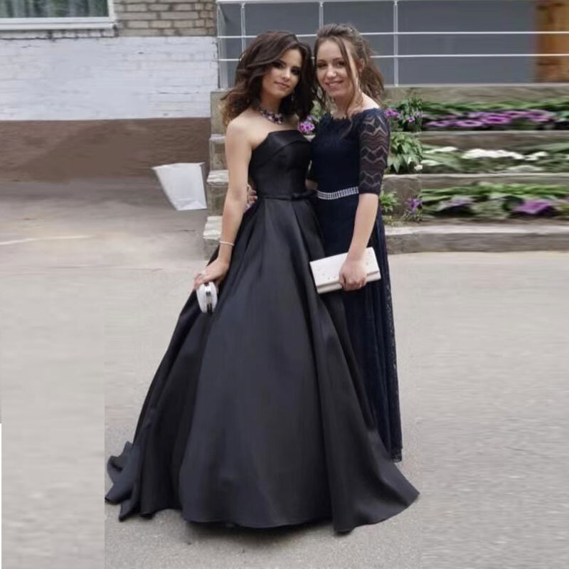 New Style Prom Dresses Simple Satin Strapless A-line Black Evening Party Dresses Robe De Soirée Floor Length