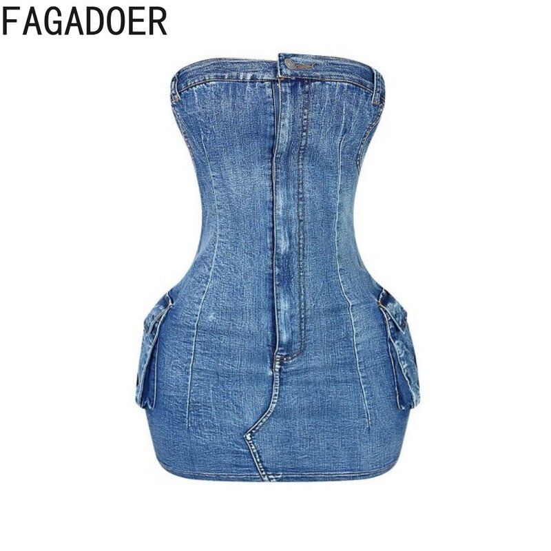 Fagadoer-女性のための裸の肩の背中の開いたデニムチューブドレス,ノースリーブ,ポケット付きのタイトなミニドレス,セクシー,弾力性のある,ファッショナブル