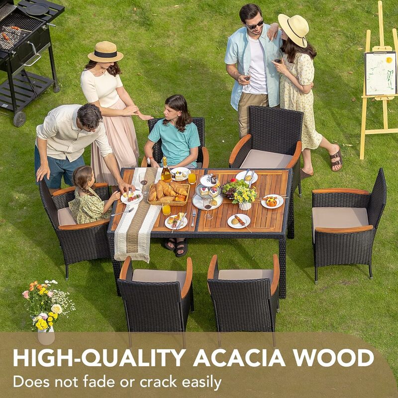 Dining 5/7/9 PCS Furniture, Patio Conversation Set with Acacia Wood Table Top, Rattan Outdoor, Black