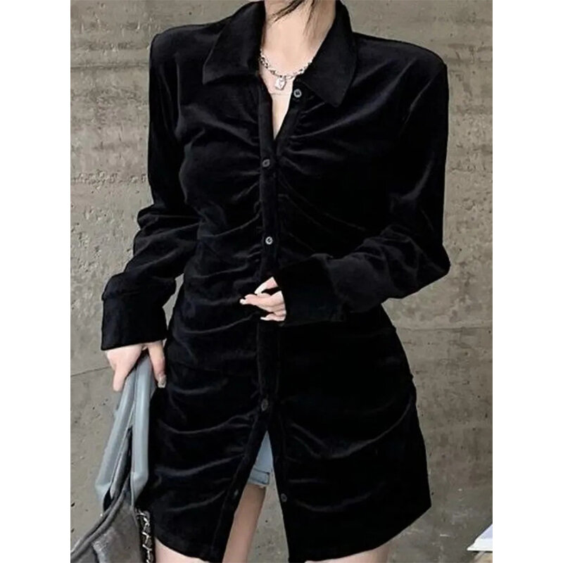 Mexzt Vintage Shirts Frauen schwarz Samt Plissee Blusen koreanische elegante Falten drehen Kragen Langarm schlanke schicke lässige Tops