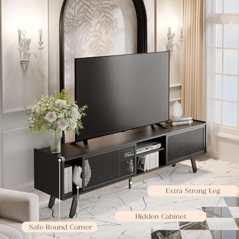 Black TV Stand for 65 70 Inch TV, Modern Iron Rattan TV Console with Sliding Door, Entertainment Center with Storage