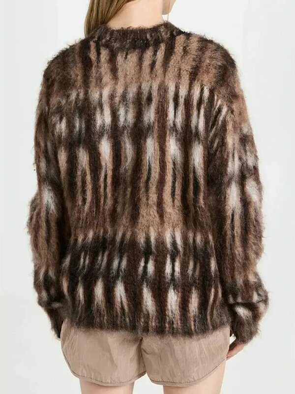 Maglione lavorato a maglia da donna autunno maglione a maniche lunghe con scollo a o pigro Jacquard a righe a contrasto