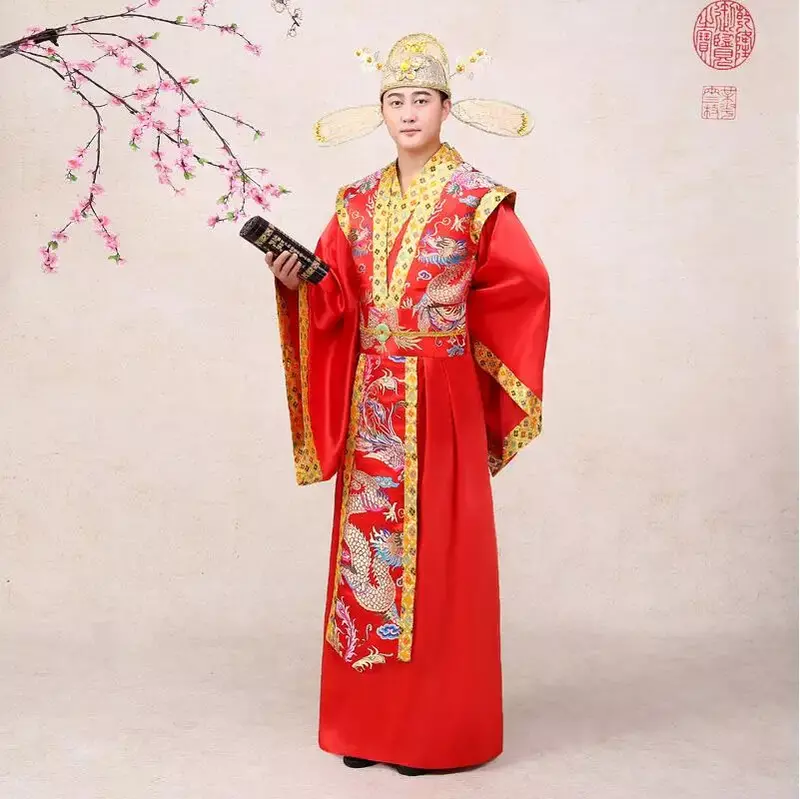 Emperor Queen Performance Costume China Hanfu Wedding Gown Robe Ancient Bride Marriage Dress Red Golden Couple Marriage Clothing