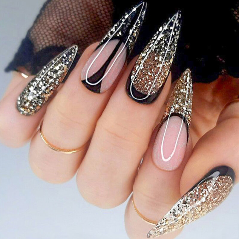 Coffin Press On False Nails Ballet Full Cover XXL Fake Nails Accessories French Diamond Design Rhinestones Wearable Long
