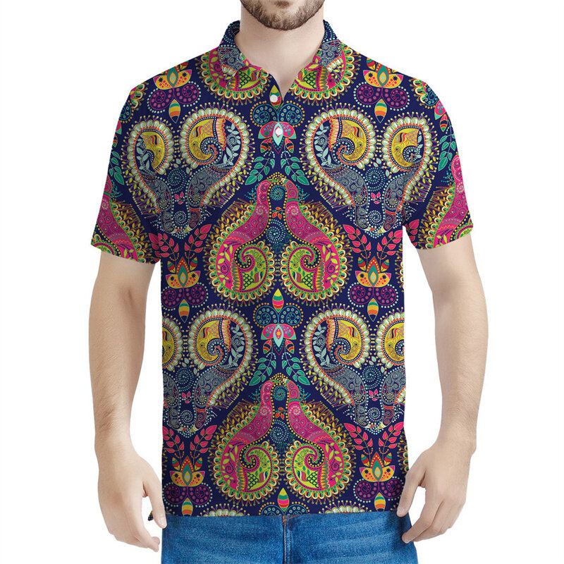 Красочная рубашка-поло с 3D-принтом Пейсли в стиле бохо для мужчин, летняя рубашка-поло с короткими рукавами и цветочным рисунком, повседневная женская футболка с отворотом