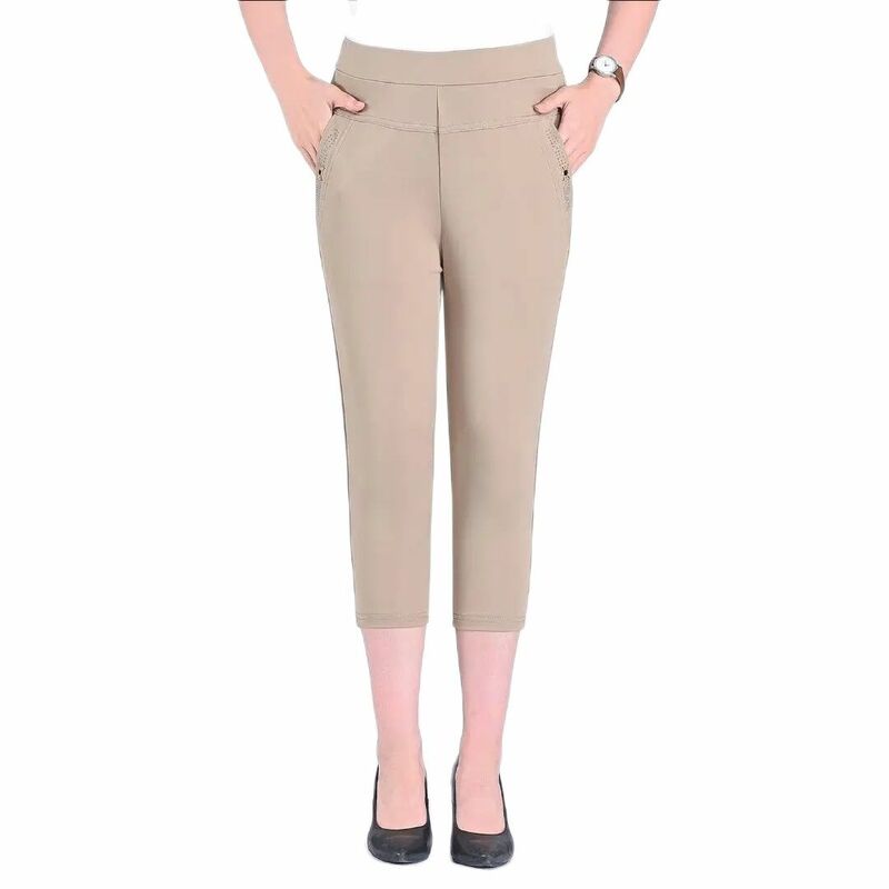 Women Breeches Ladies Pencil Pants Summer Pockets Button Skinny Calf Length Pants Casual Stretch 3/4 Trousers Female Capris