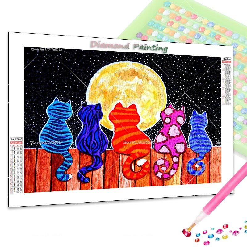 Алмазная 5D картина «сделай сам», мозаика с мультяшными кошками, полноразмерная/круглая вышивка, 5 кошек, наблюдающих за луной ночью, Звездные мозаичные наборы