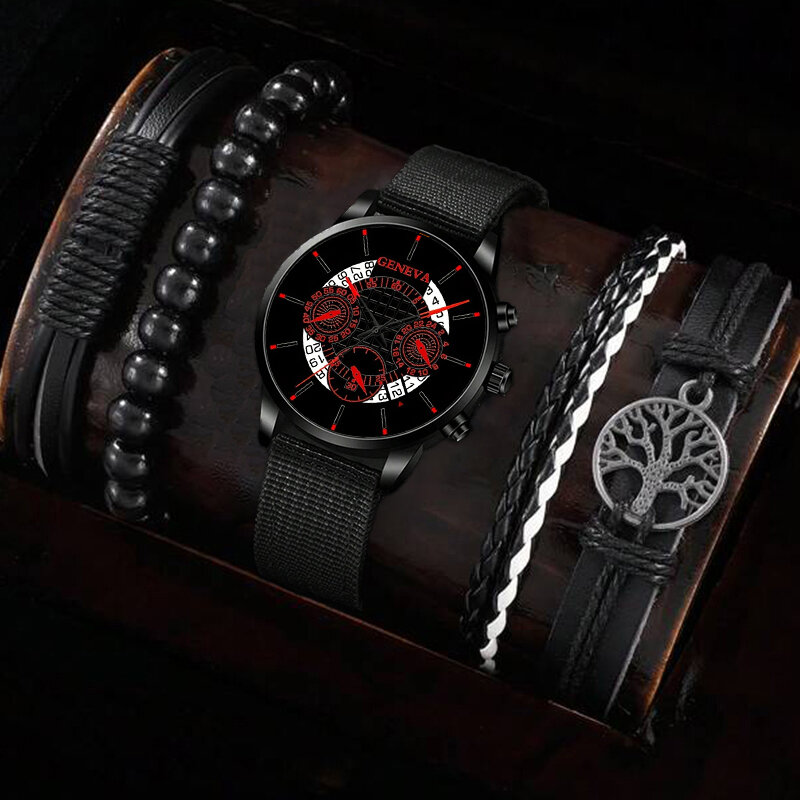 Ensemble de montres à quartz de luxe pour hommes avec calendrier d'affaires, ULà main arbre de vie noir, montre de sport décontractée en nylon, mode masculine, 5 pièces