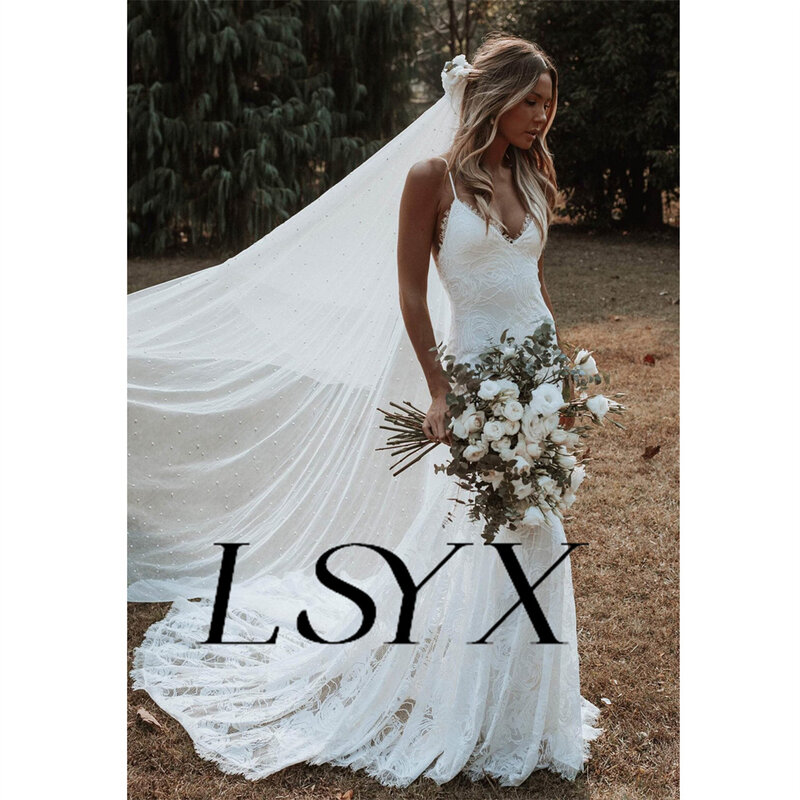 Lsyx ชุดเจ้าสาวลูกไม้คอวีลึกคอวีทรงนางเงือกชุดสายเดี่ยวงานแต่งงานขบวนรถไฟโชว์หลังปรับแต่งได้