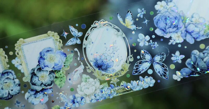 Vintage Blue Flower Butterfly Mirror Washi PET Tape per la decorazione della creazione di carte adesivi fai da te Scrapbooking Plan