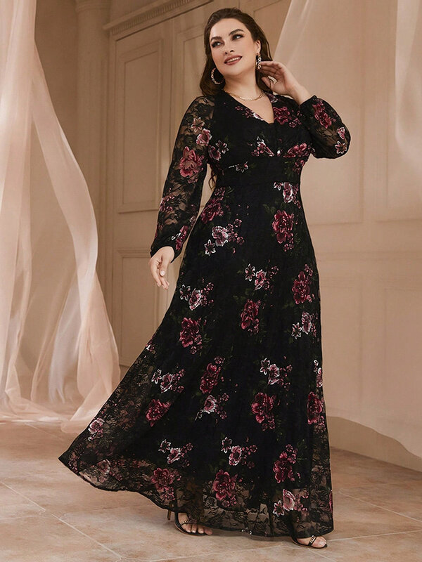 TOLEEN 2024 nowy Plus Size wiosenna letnia odzież damska koronkowa siatka z kwiatowym nadrukiem lampion luksusowa elegancka wieczorowa suknia wieczorowa