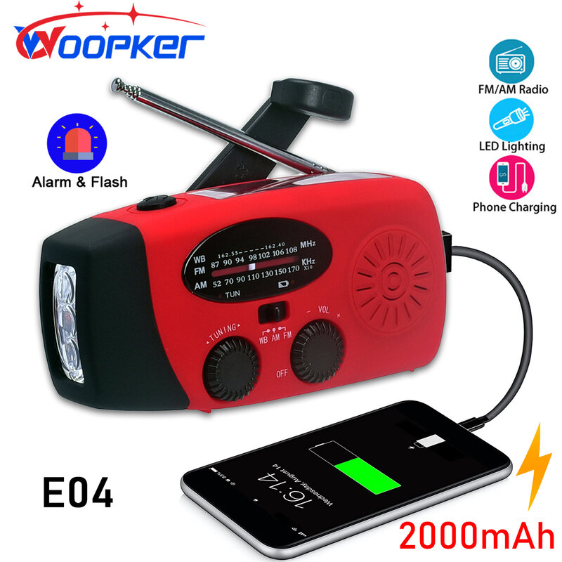 Woopker-Radio multifunción E04, dispositivo con manivela Solar, FM /AM /NOAA, WB, linterna de emergencia, Batería Externa de 2000mAh