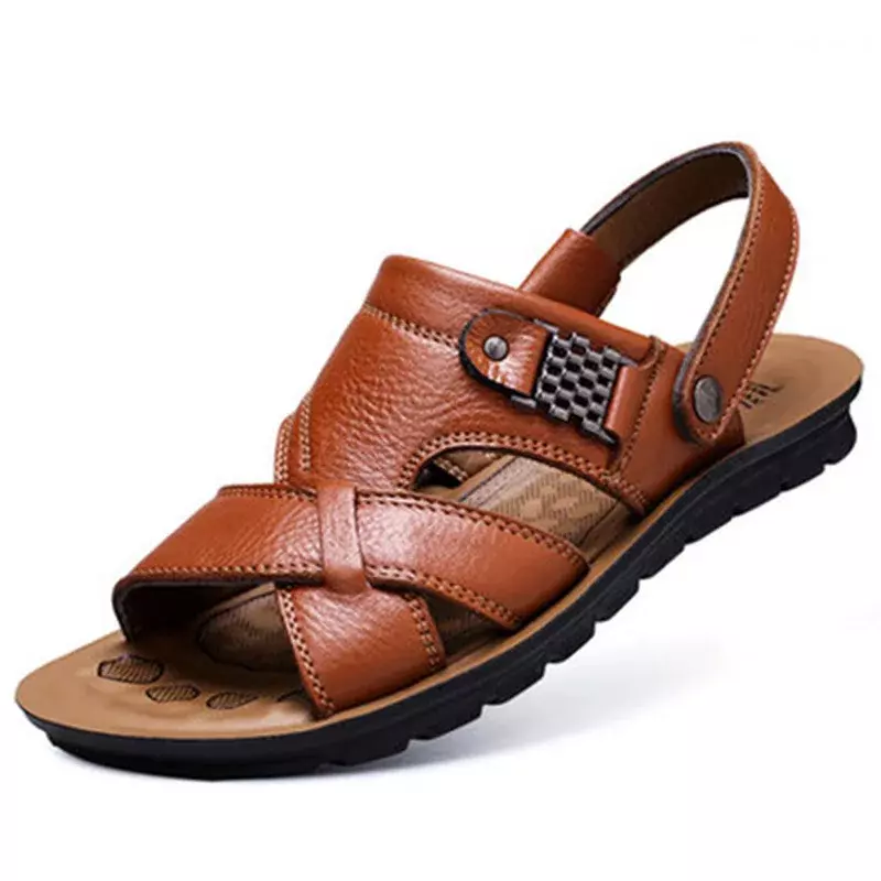 Sandálias masculinas de couro tamanho grande, sapatos clássicos de verão, chinelos romanos macios, calçado confortável para caminhadas ao ar livre