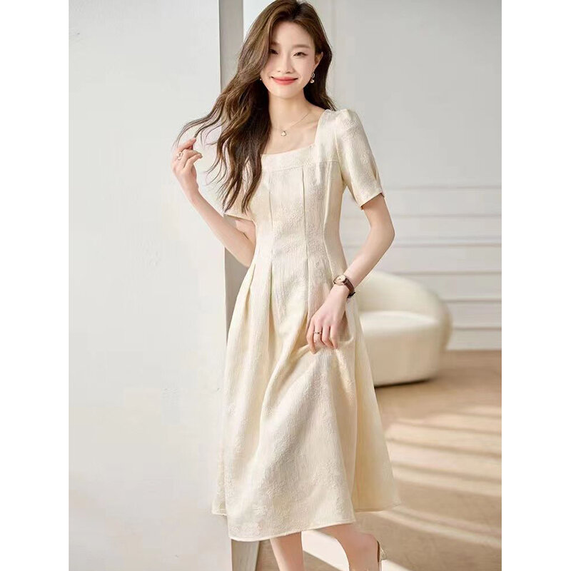 Elegant Square Collar Solid Color Folds Puff Sleeve Prom Dresses Women's Clothing 2024 Summer New Loose Office Lady Party Dress