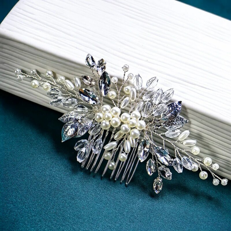 Pearl Wedding Hair Comb Silver Rhinestone Bridal Hair Piece Flower Crystal Hair Accessories for Women and Girls