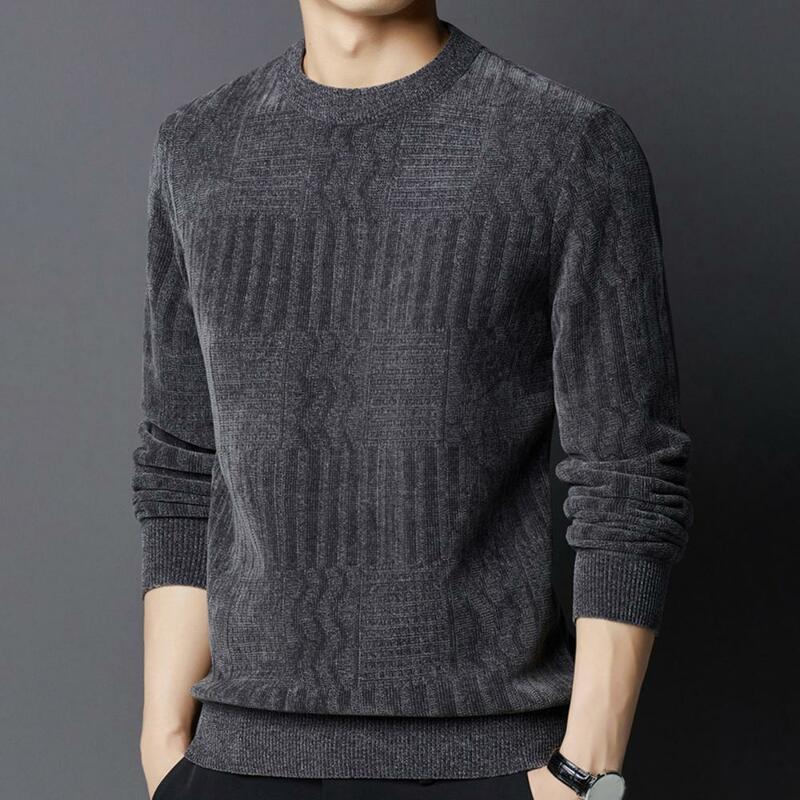 Jacquard Design Sweater Men Solid Color Sweater Men's Thick Warm Knitted Sweater with Round Neck Long Sleeve Solid for Fall