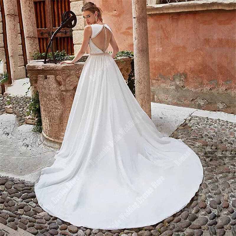 Simple Fresh Women Wedding Dresses Beach Round Neck Lace Appliques Extra Creative Hollow Out Design Mopping Length Bridal Gowns