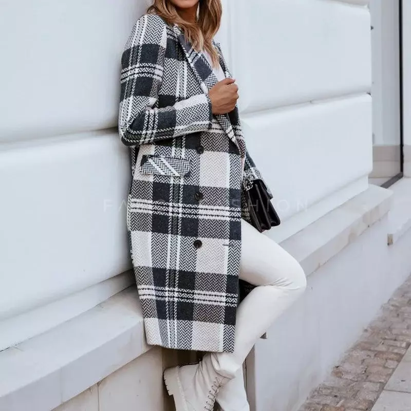 Женское повседневное шерстяное пальто, двубортное прямое длинное пальто в клетку с воротником и длинными рукавами, Осень-зима 2021