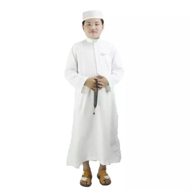 Nowa chłopięca muzułmańska szata poliestrowa wygodna islamska tradycyjna sukienka haftowana suknia suknia biała ramadanowa sukienka modlitewna