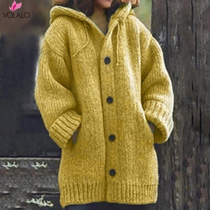 Cardigã de malha de lã solta feminino, casaco longo, suéter com capuz extragrande, cardigã quente, outono, inverno, 2024