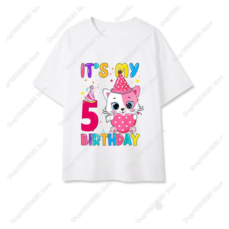 Dziewczyna serce kot to moje urodziny 1-9 numer T-shirt koszulka ze zwierzętami chłopcy i dziewczęta koszulka imprezowa odzież TopT-shirt