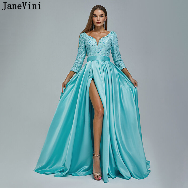 JaneVini-우아한 블루 새틴 이브닝 드레스, 파란색 레이스 긴 소매 섹시한 높은 분할 나이트 드레스, 여성 v-넥 파티 가운