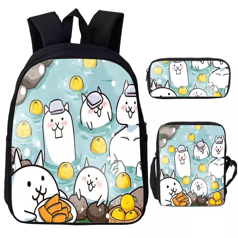 The Battle Cats Backpack Shoulder Bag Pen Bag 3pcs Set Cute Cartoon School Bags kids Boys Girls Softback Bookbag Laptop Backpack