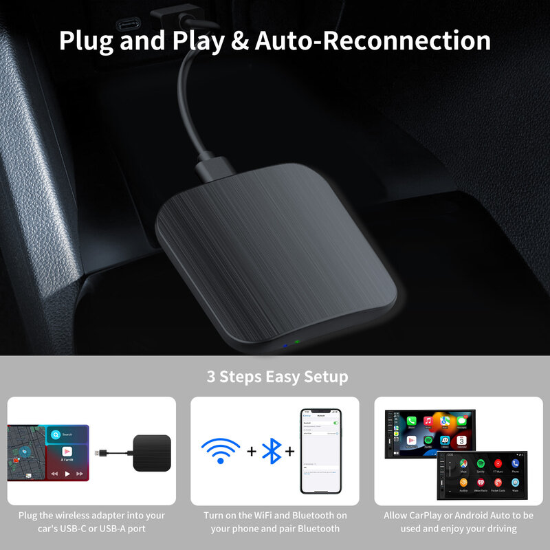 Adaptor otomatis Android & CarPlay nirkabel 2in 1-Bluetooth 5.8GHz WiFi, koneksi cepat, mendukung iOS 10 + & Android 11 +