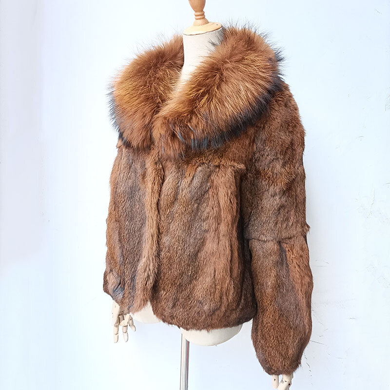 Manteau d'hiver en fourrure de lapin véritable avec col en fourrure de raton laveur, veste à manches longues, vêtements d'extérieur chauds, mode 2023